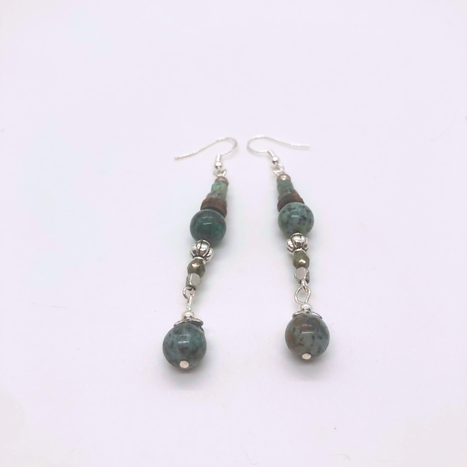 "Sacred Ground" African jasper, turquoise and wood long dangle earrings with sterling silver fish hooks