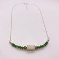 Pale green chalcedony barrel bead necklace with emerald crystal rondelles and silver chain