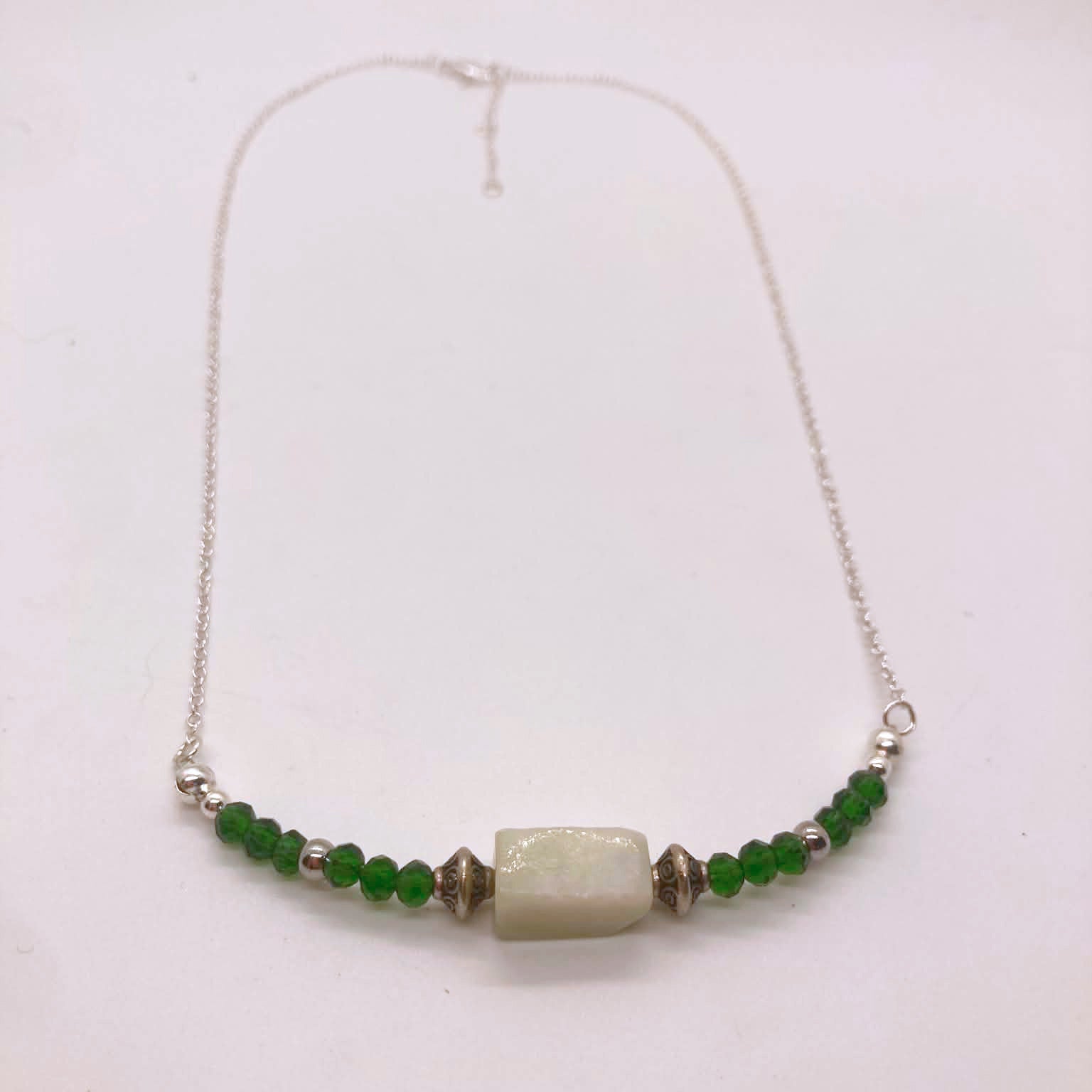 Pale green chalcedony barrel bead necklace with emerald crystal rondelles and silver chain