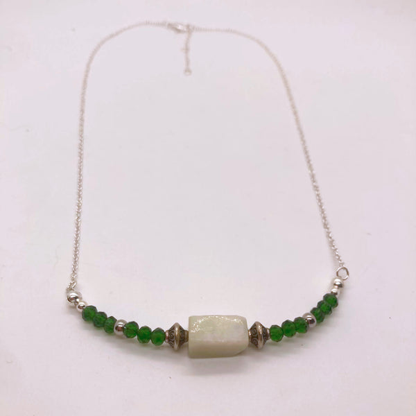 Pale green chalcedony barrel bead necklace with emerald crystal rondelles and silver chain