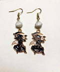 Black gold enamel plague doctor with scythe drop earrings with vintage white ceramic beads and 14k gold plated hooks