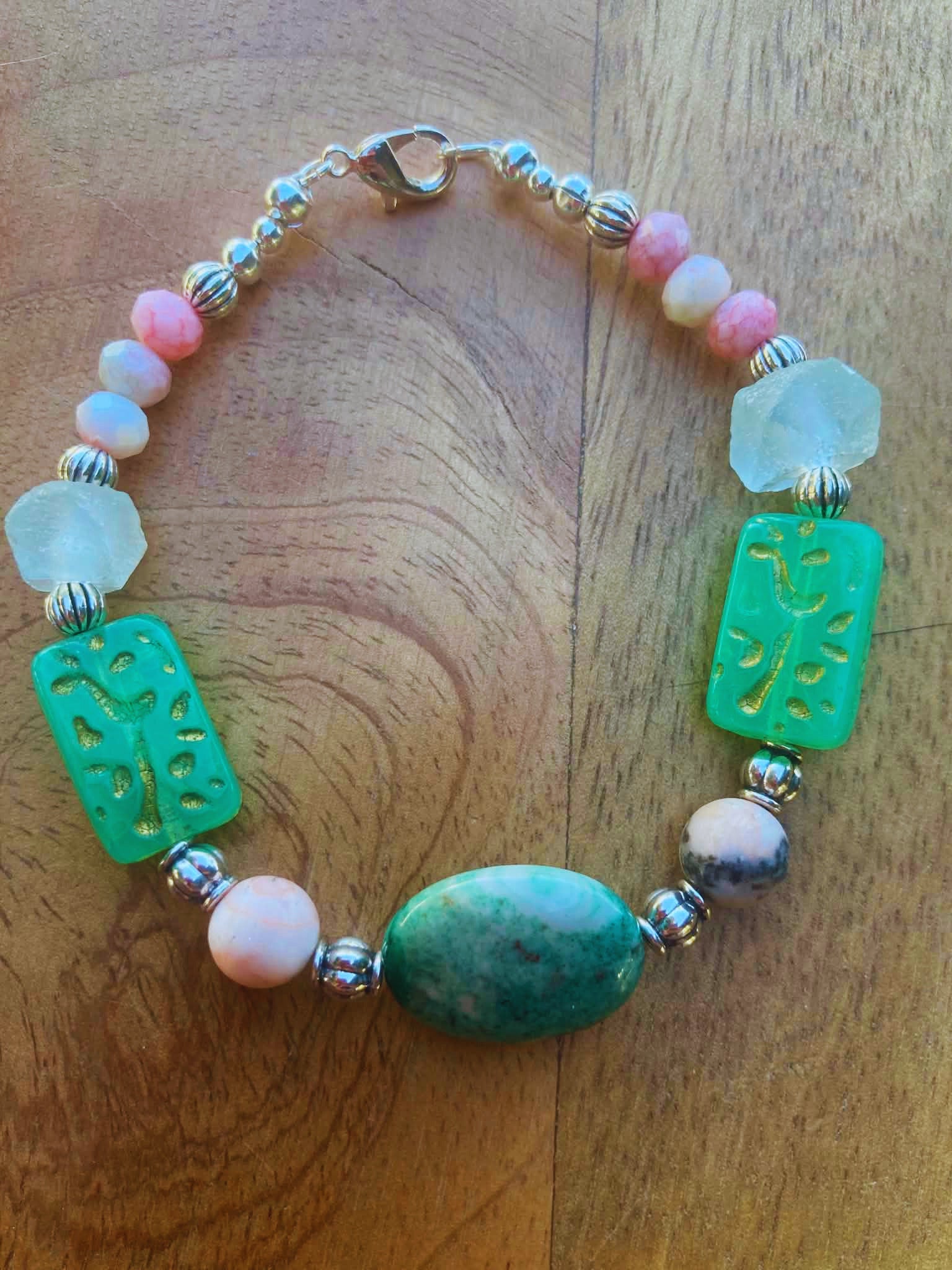 Chrysocolla, Matte Jasper & Vintage Glycerin Glass Bracelet