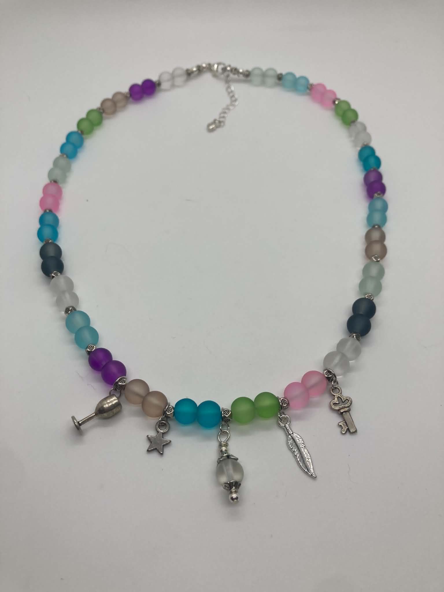 Tripping Billies Necklace - multicolor frosted glass bead necklace with silver charms, alternate angle