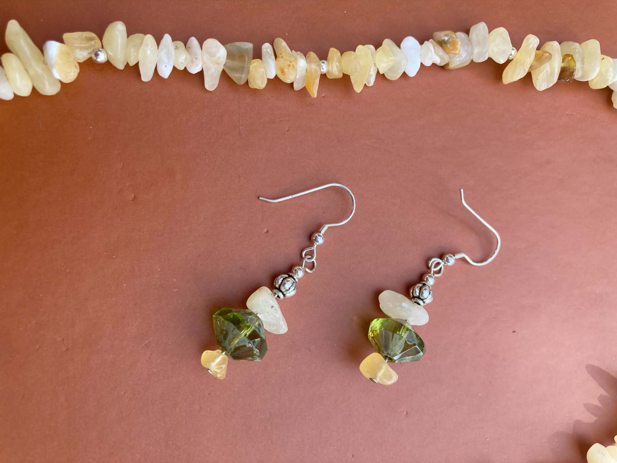 Citrine Chip & Lime Green Czech Glass Necklace & Earring Set