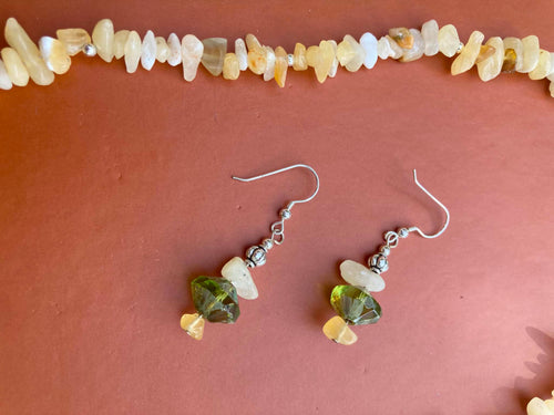 Citrine Chip & Lime Green Czech Glass Necklace & Earring Set