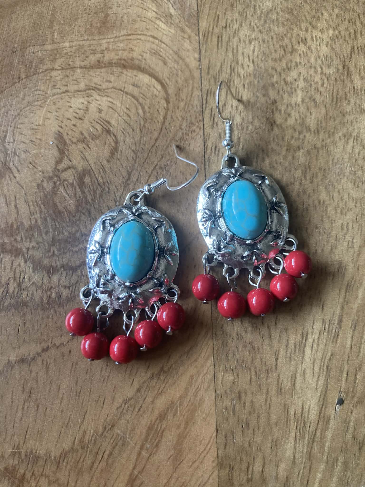 Blue Howlite Earrings with Dangly Coral Beads