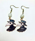 Plague doctor black and ivory gold enamel drop earrings with moonstone beads and gold plated hooks