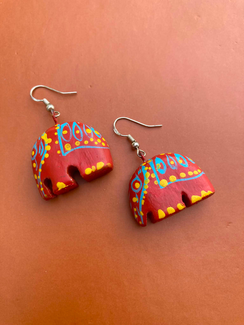Vintage Handpainted Indian Elephant Earrings with Sterling Silver Hooks