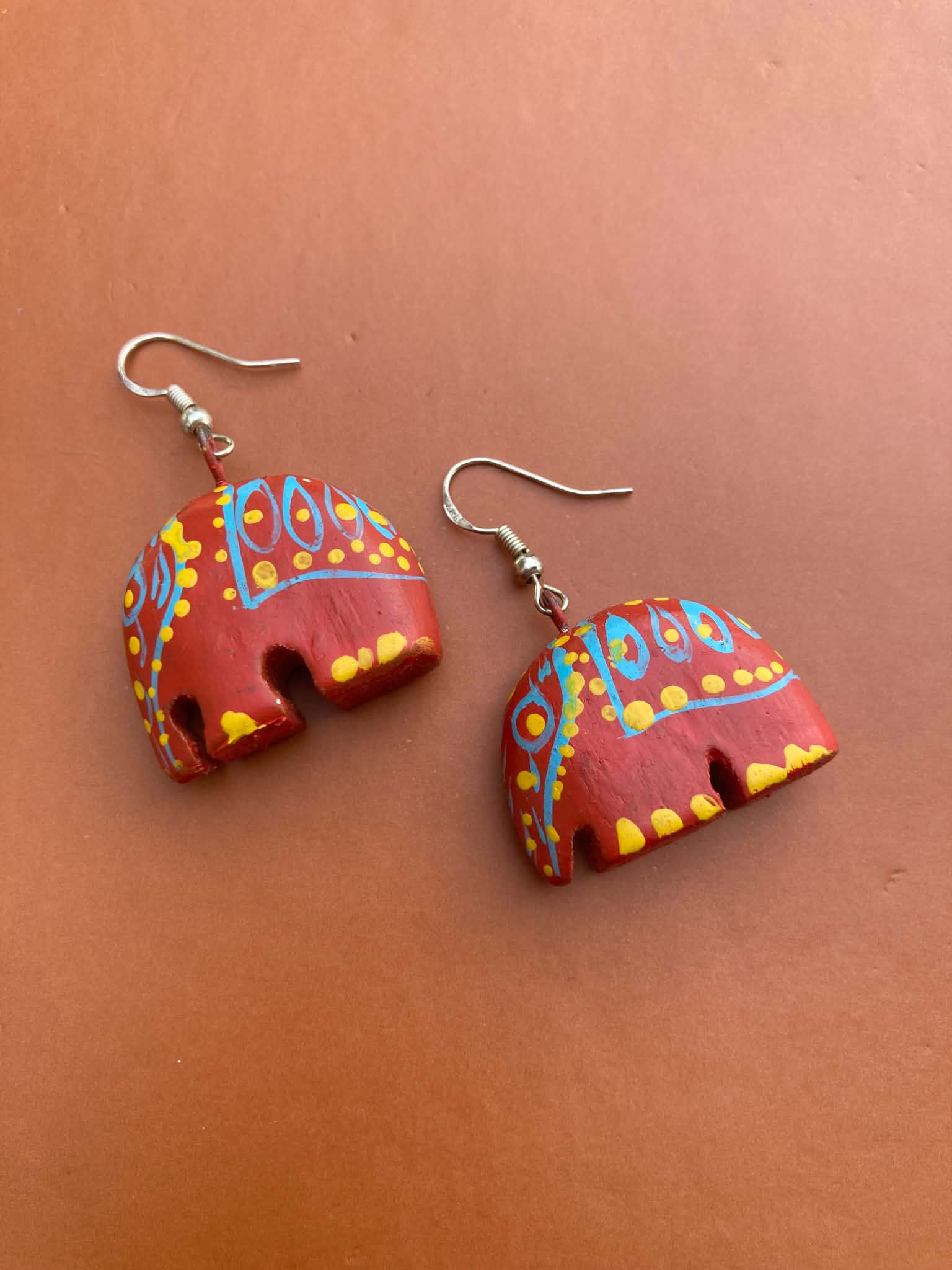 Vintage Handpainted Indian Elephant Earrings with Sterling Silver Hooks