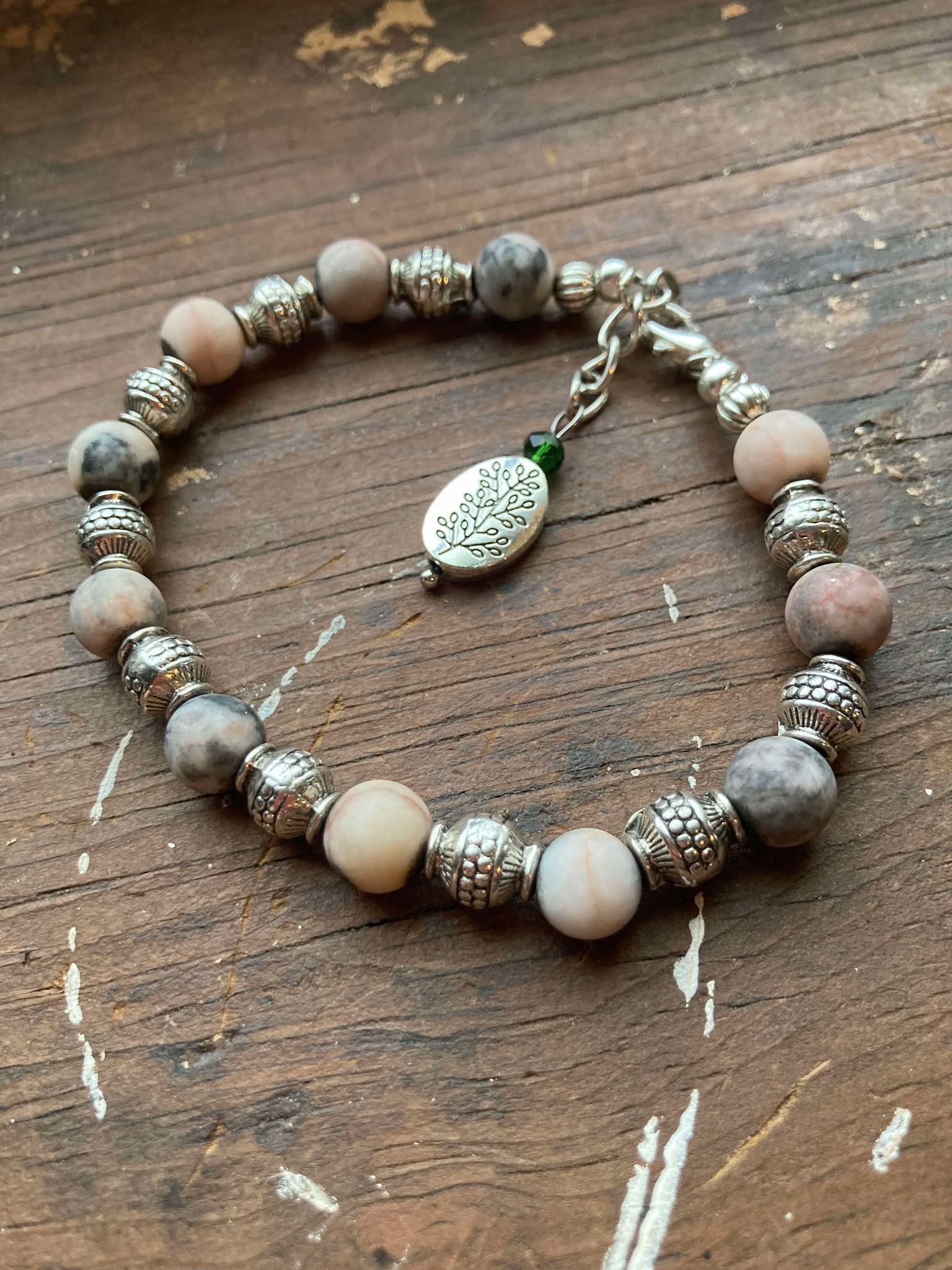 Pink and Gray Matte Jasper Bracelet with Silver Findings