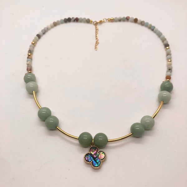Green aventurine and matte glass bead necklace with gold tube accents and abalone clover pendant