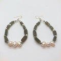 "Forest & Fog" Tree Agate, Labradorite and freshwater pearl hoop earrings with sterling silver fish hooks