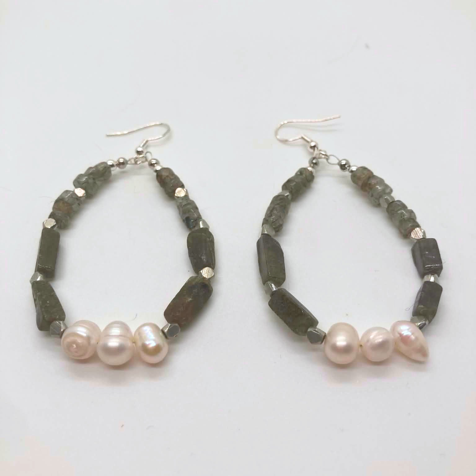 "Forest & Fog" Tree Agate, Labradorite and freshwater pearl hoop earrings with sterling silver fish hooks