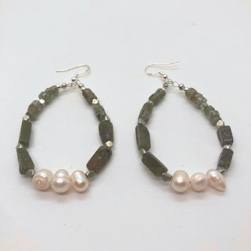 "Forest & Fog" Tree Agate, Labradorite and freshwater pearl hoop earrings with sterling silver fish hooks