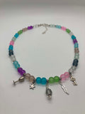 Tripping Billies Necklace - multicolor frosted glass bead necklace with silver charms, front view