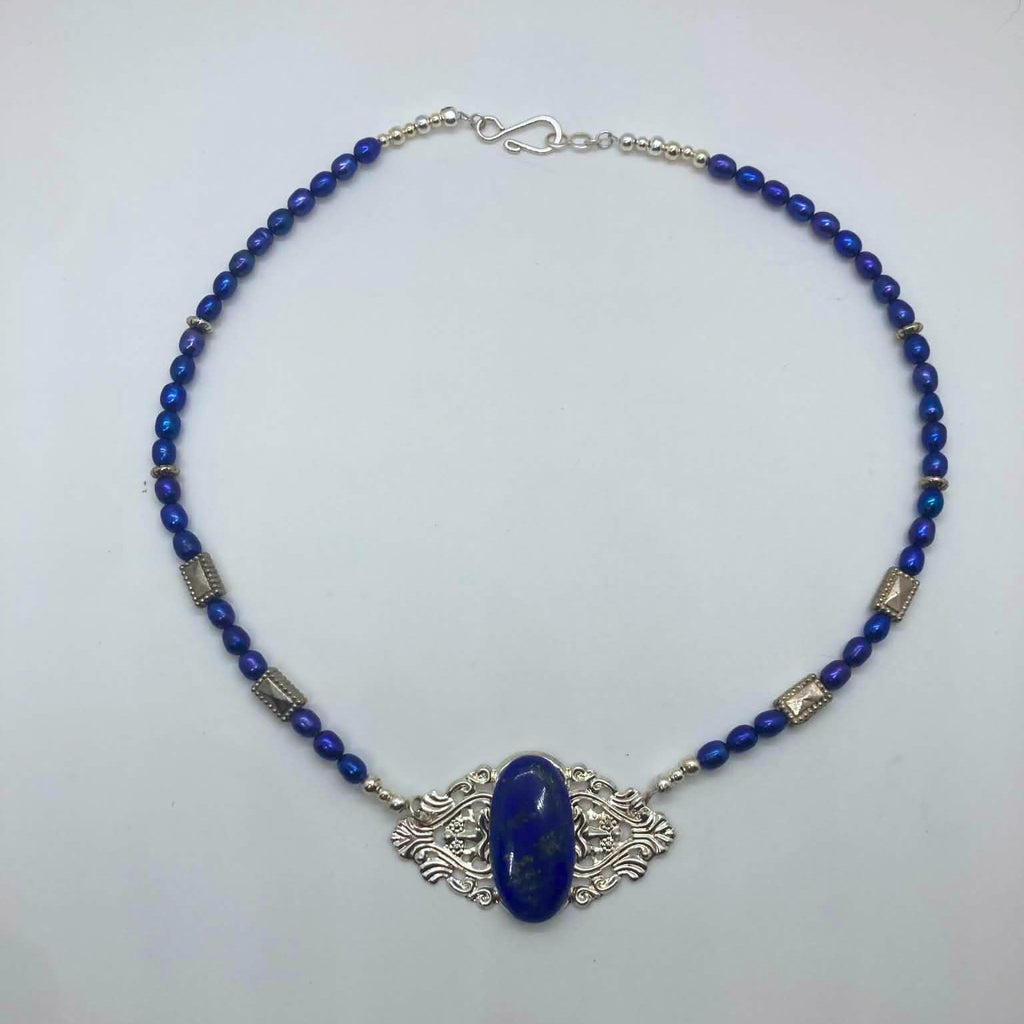 The Midnight Court Necklace - Lapis Lazuli & Blue Pearls Statement Necklace