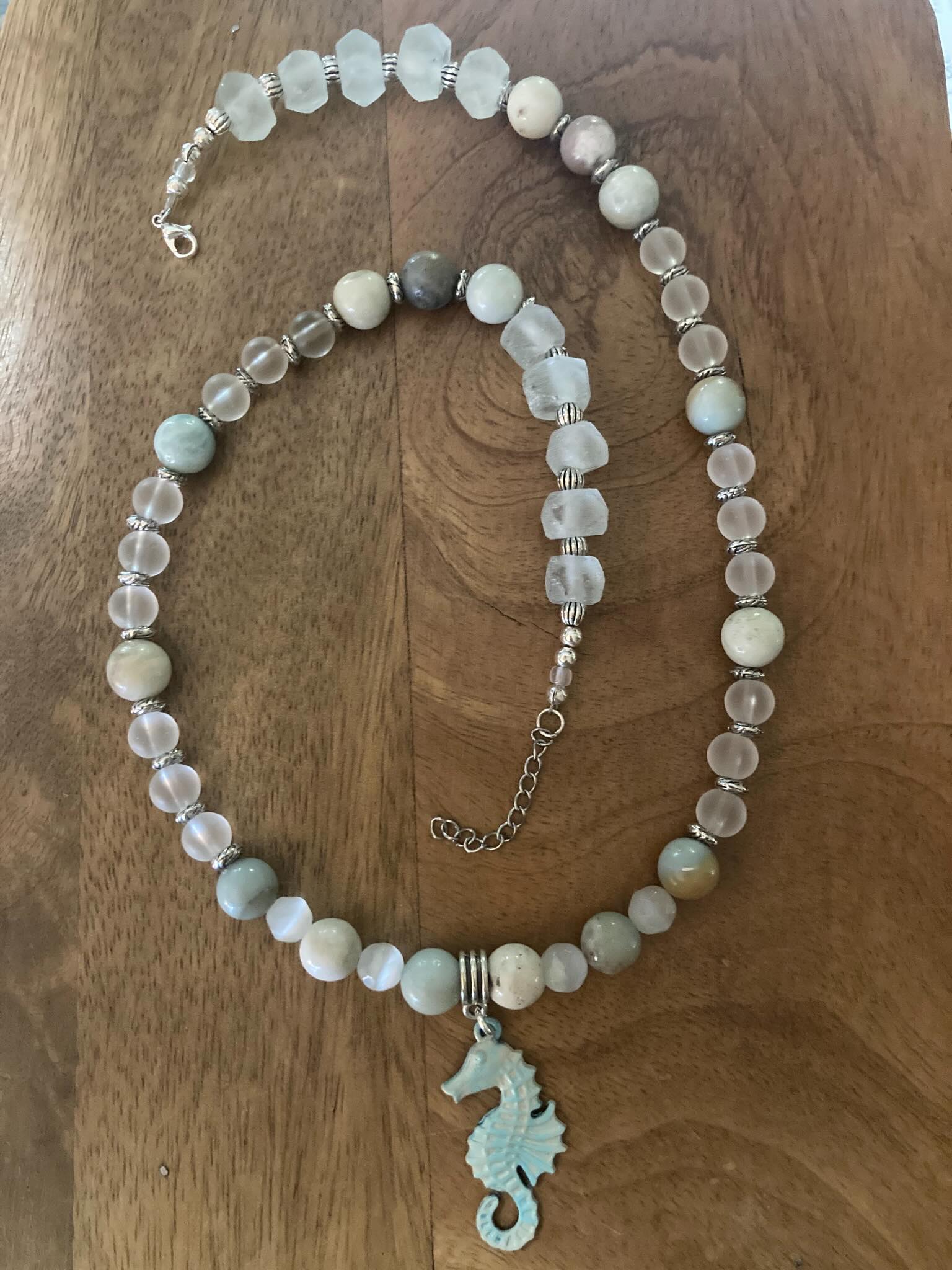 Amazonite Seahorse Necklace with Clear Quartz Beads