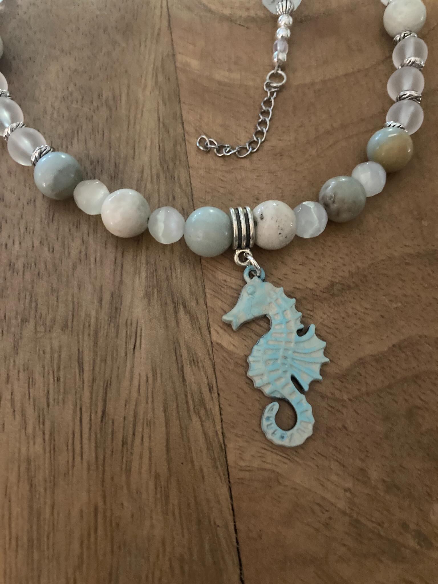Amazonite Seahorse Necklace with Clear Quartz Beads