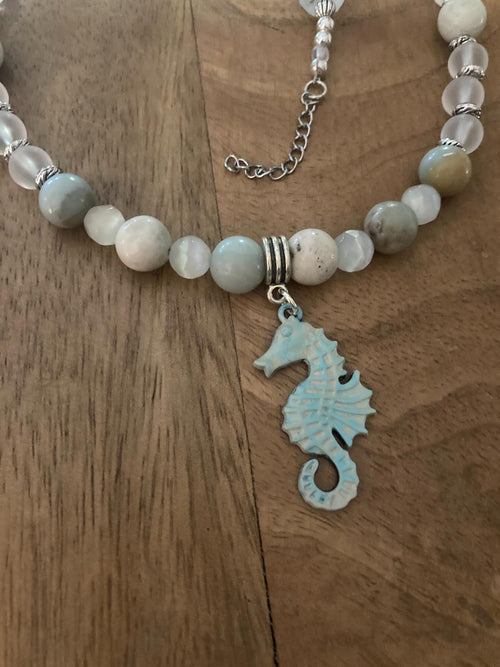 Amazonite Seahorse Necklace with Clear Quartz Beads