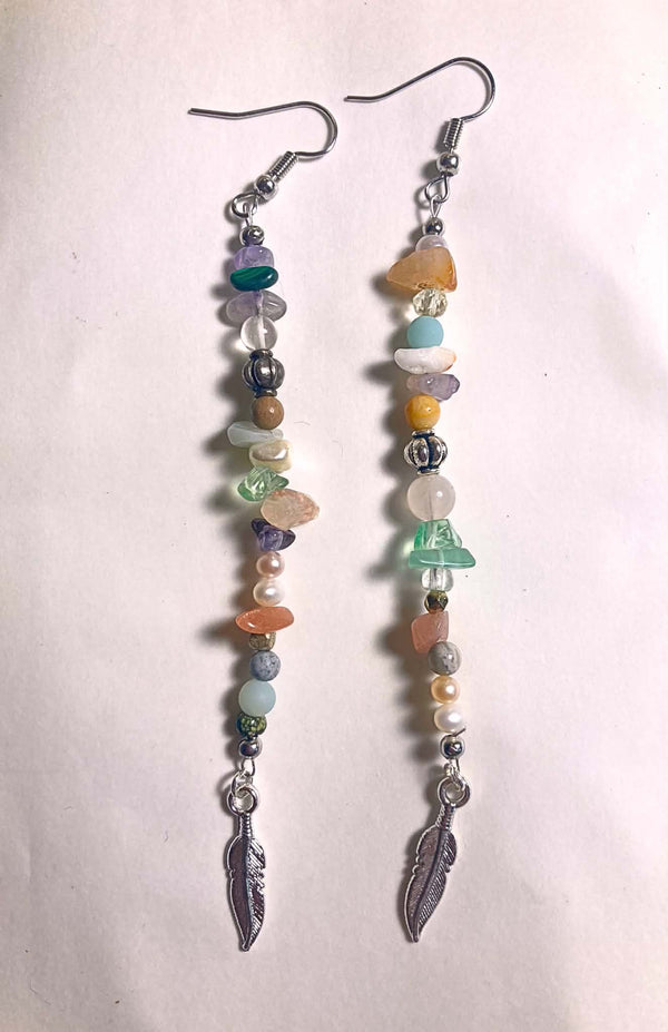 Feather and stone dangle earrings with mixed natural stone chips, pearls, silver beads, and feather charm