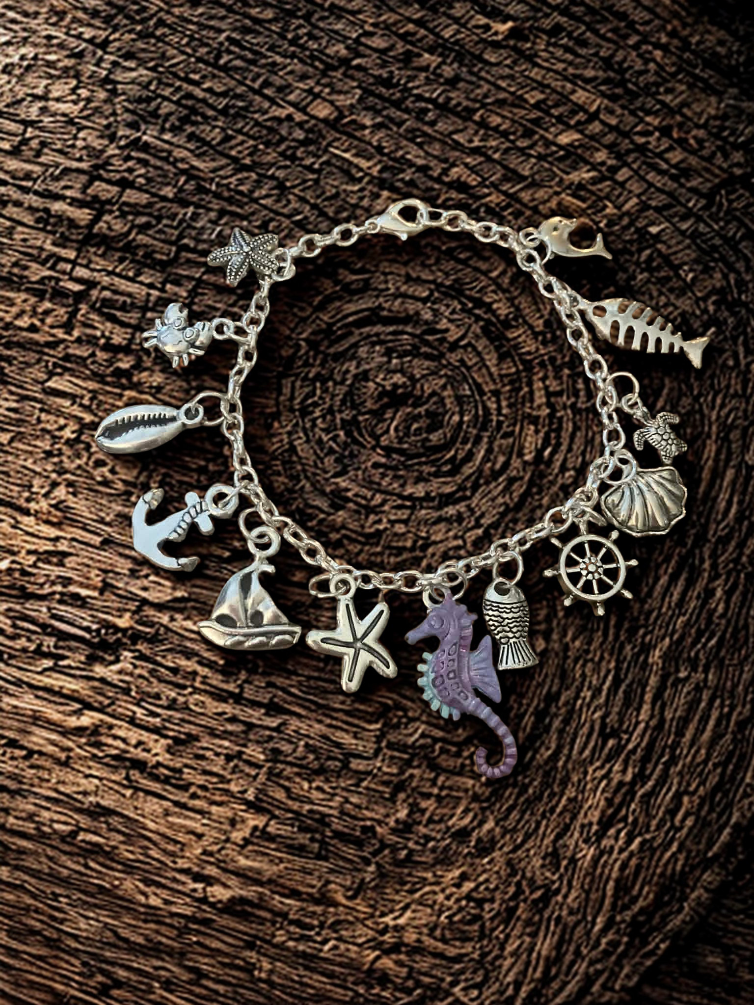 Silver Nautical Charm Bracelet with Purple Seahorse