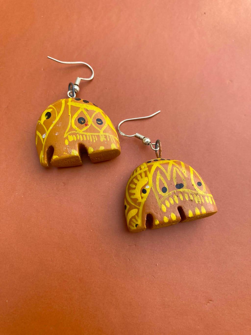 Vintage Handpainted Indian Elephant Earrings with Sterling Silver Hooks