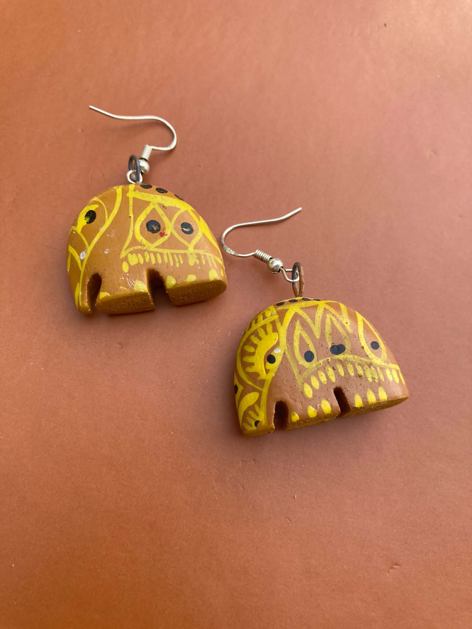 Vintage Handpainted Indian Elephant Earrings with Sterling Silver Hooks