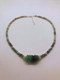 Roman sea glass and amazonite beaded necklace with stacked green and teal sea glass centerpiece
