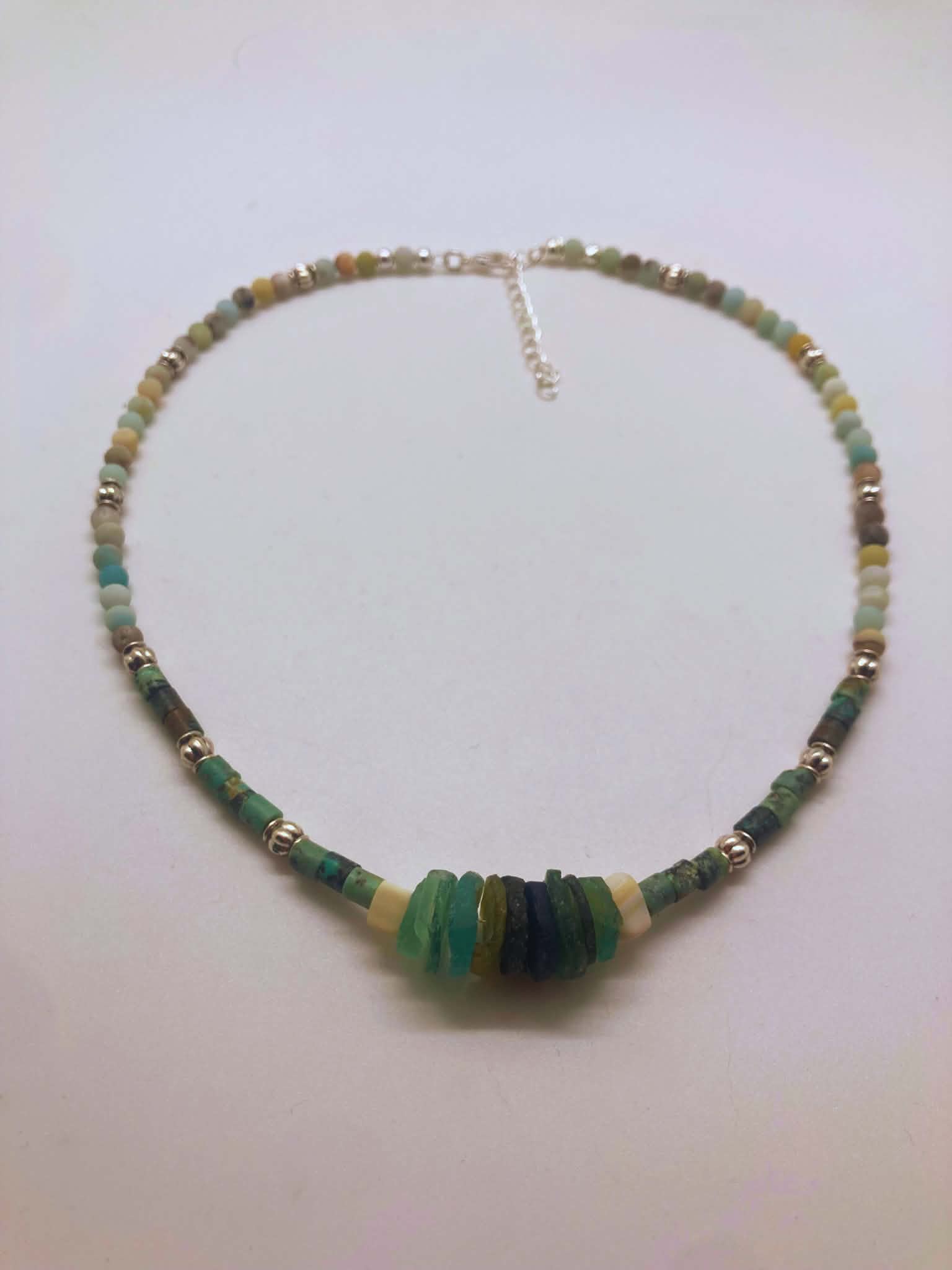 Roman sea glass and amazonite beaded necklace with stacked green and teal sea glass centerpiece