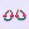 "La Flor" ocean jasper, hot pink Czech glass flower and turquoise blue Czech glass hoop earrings with sterling silver fish hooks