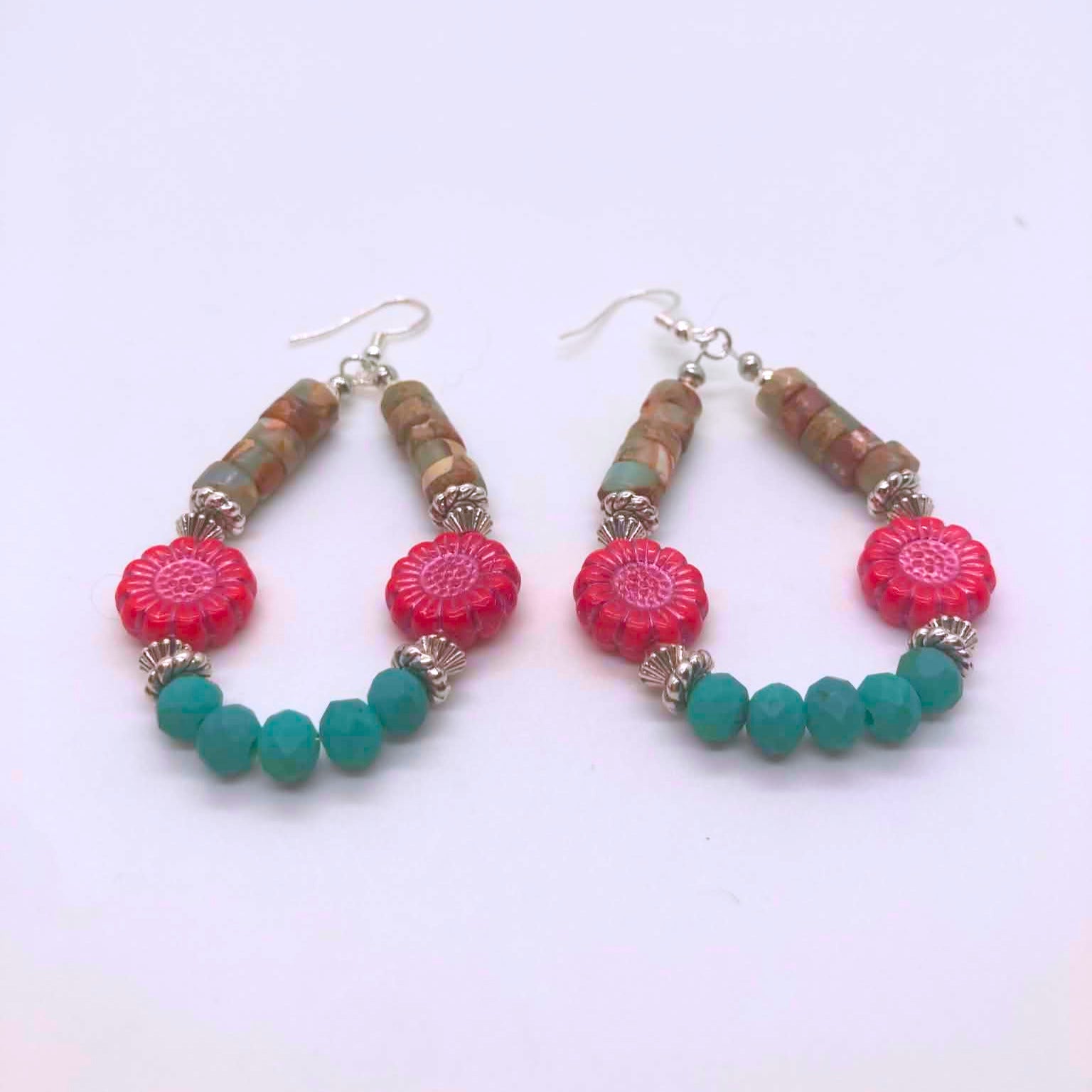 "La Flor" ocean jasper, hot pink Czech glass flower and turquoise blue Czech glass hoop earrings with sterling silver fish hooks