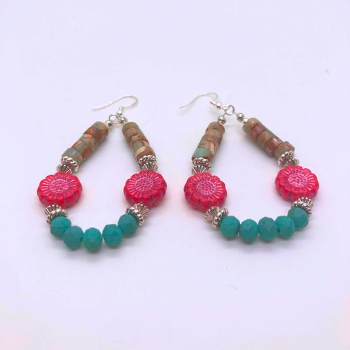 "La Flor" ocean jasper, hot pink Czech glass flower and turquoise blue Czech glass hoop earrings with sterling silver fish hooks