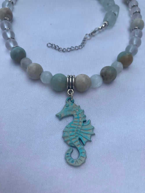Amazonite Seahorse Necklace with Clear Quartz Beads