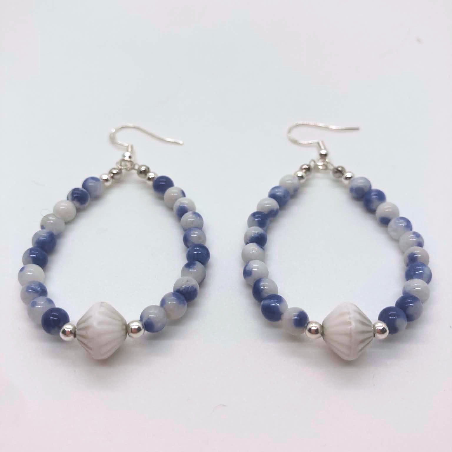 "Tide & Time" blue dolomite jasper hoop earrings with vintage 1960s white ceramic focal bead and sterling silver fish hooks