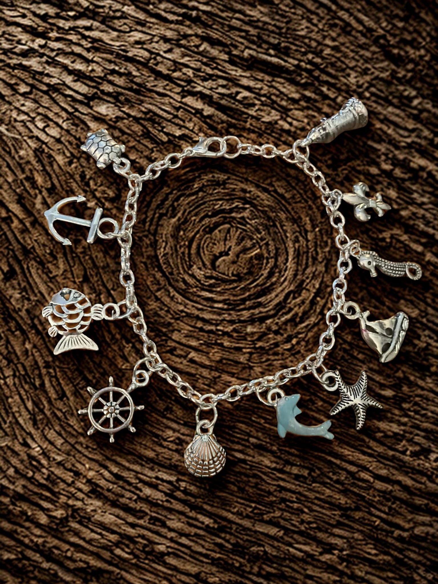 Silver Nautical Charm Bracelet with Blue Dolphin