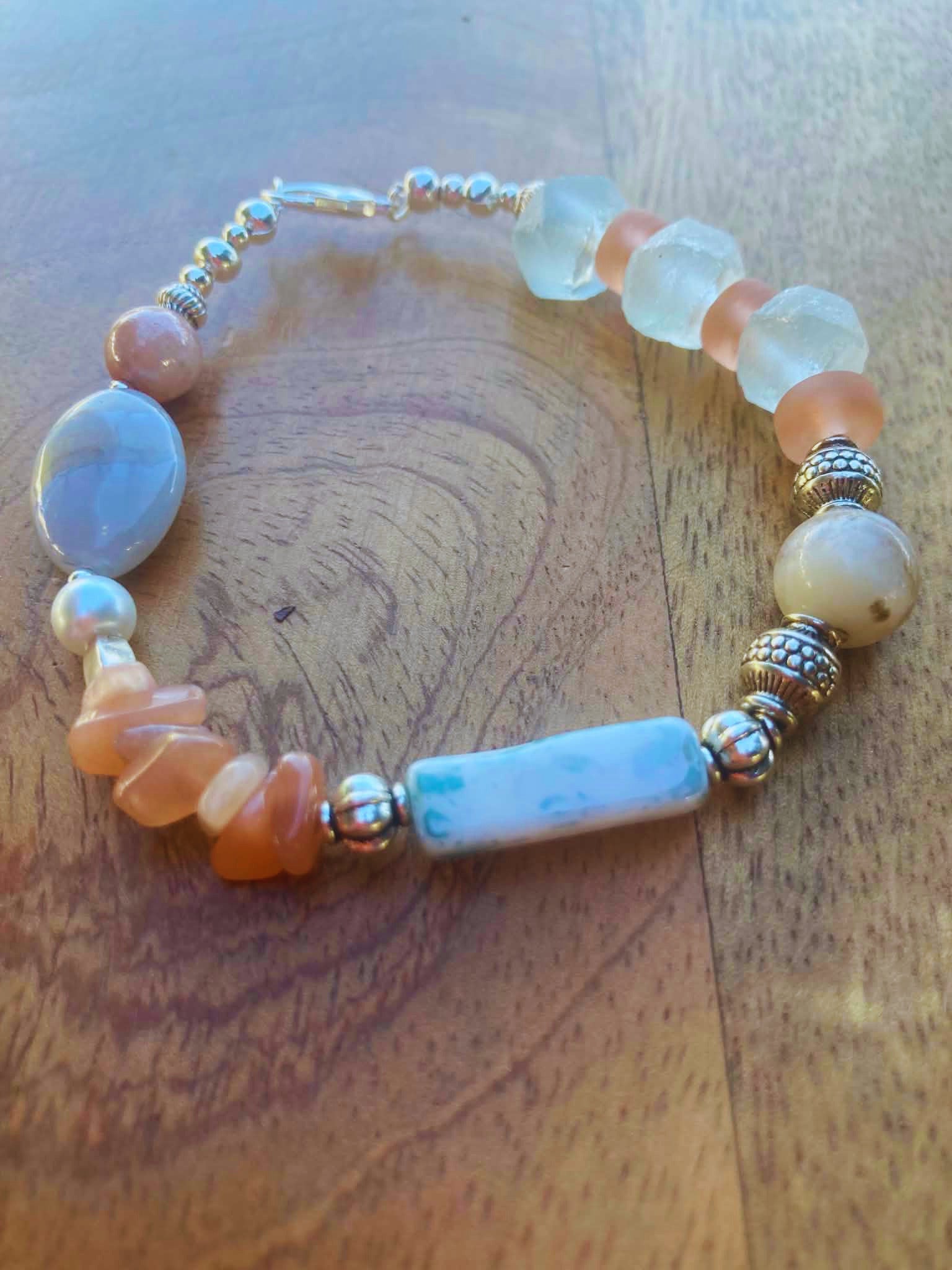 Chunky Peach Moonstone, Desert Jasper & Vintage German Glass Bracelet