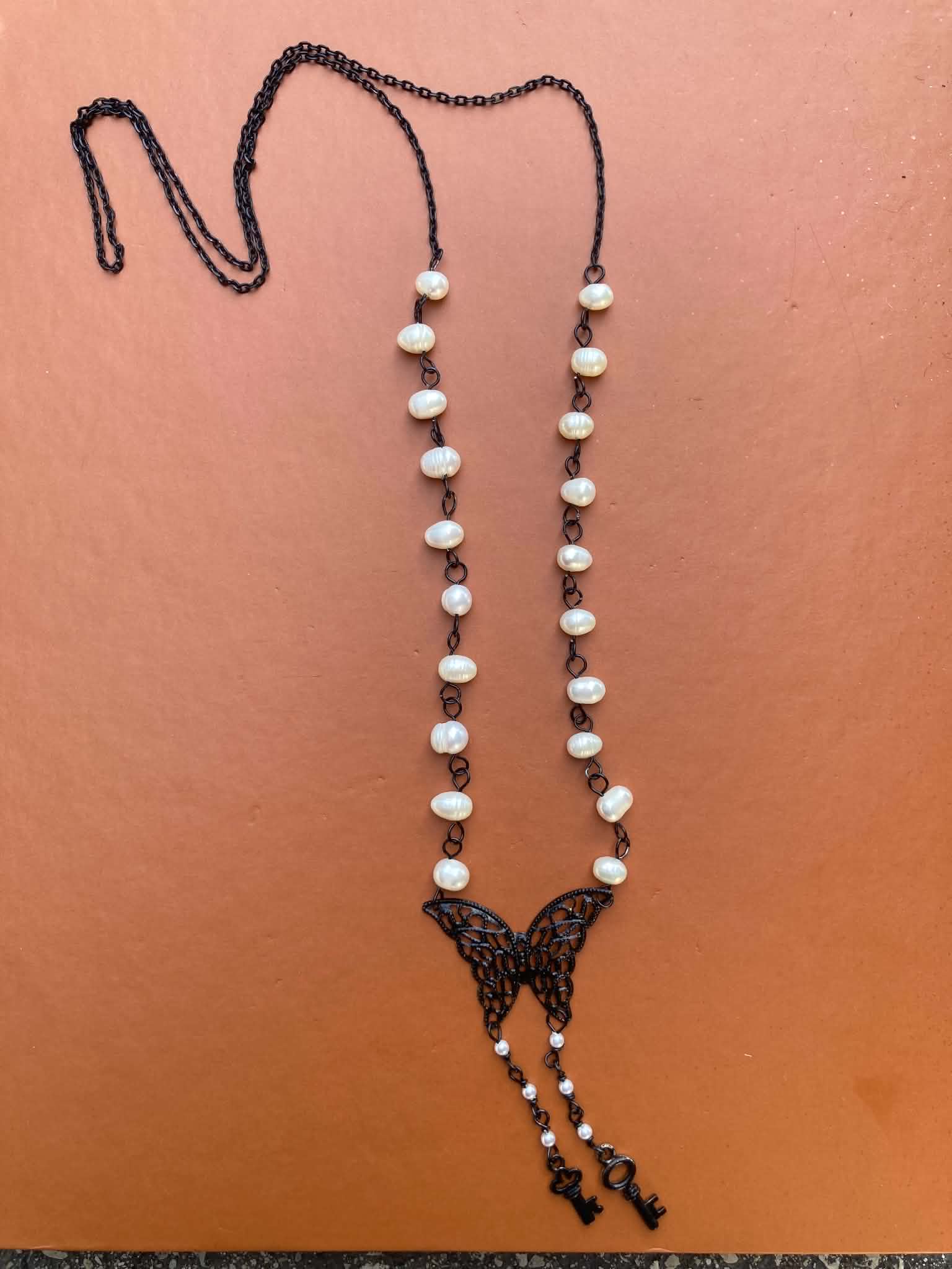 Black Chain & Freshwater Pearl Butterfly Key Necklace
