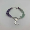 Waning Moon Crystal Bracelet with Watermelon Tourmaline and Amethyst stones and silver crescent moon charm
