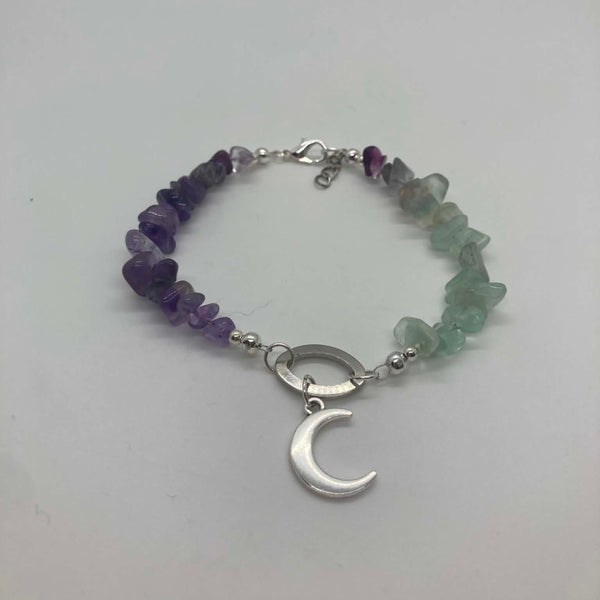 Waning Moon Crystal Bracelet with Watermelon Tourmaline and Amethyst stones and silver crescent moon charm